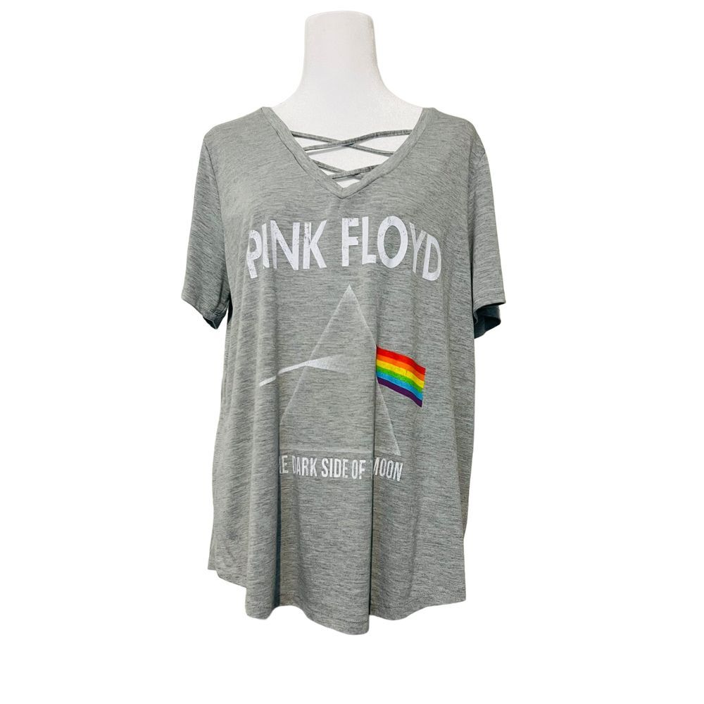 Pink‎ Floyd Women's T Shirt Gray V Neck Criss Cross Rainbow Short Sleeve